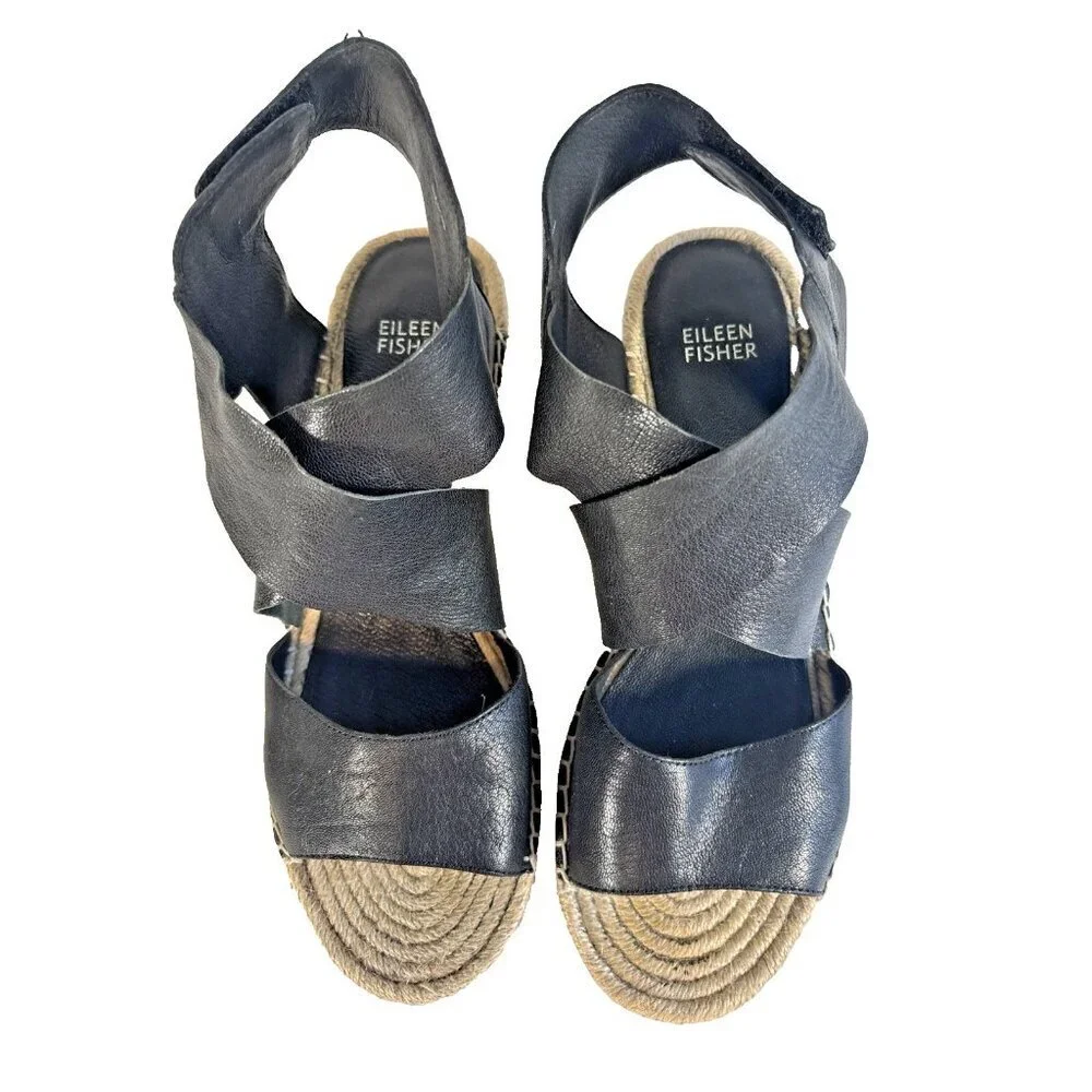 Eileen Fisher Black Leather Willow Espadrille Wedge Heels Women's Size 9.5 Boho